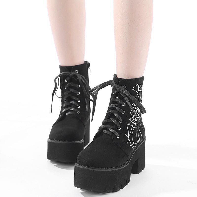 Kobine Women's Punk Spider Web Embroidered Platform Boots