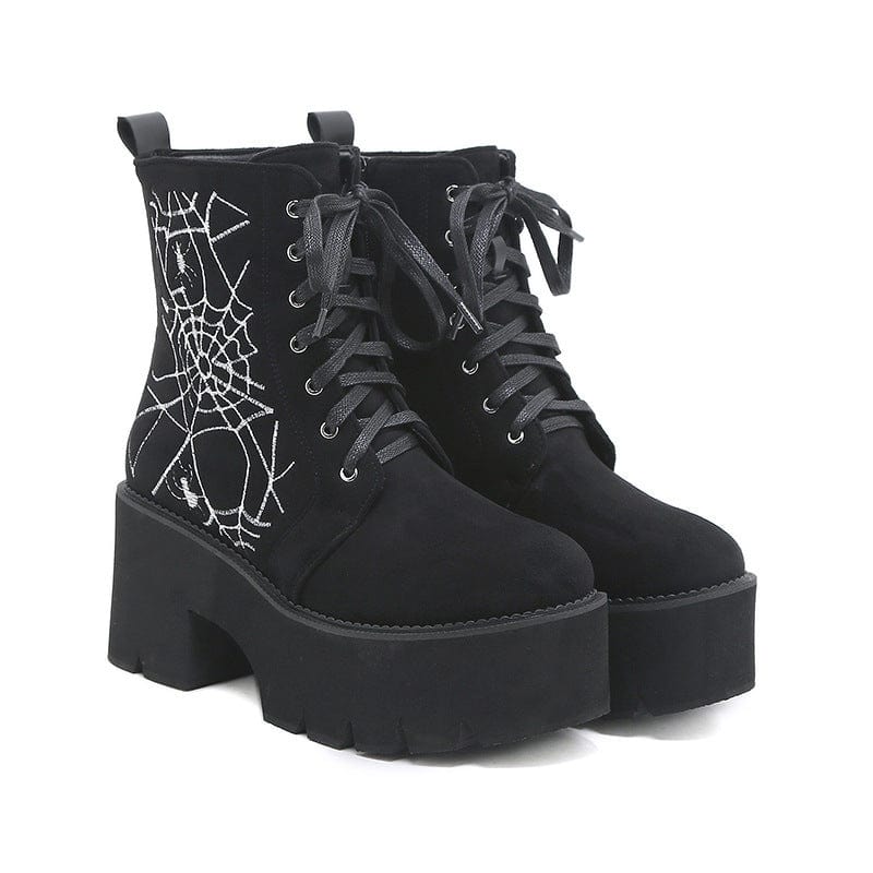 Kobine Women's Punk Spider Web Embroidered Platform Boots