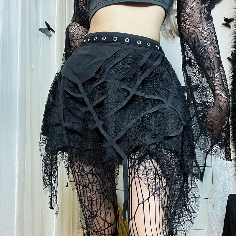 Kobine Women's Punk Spider Web Lace Splice Skirt