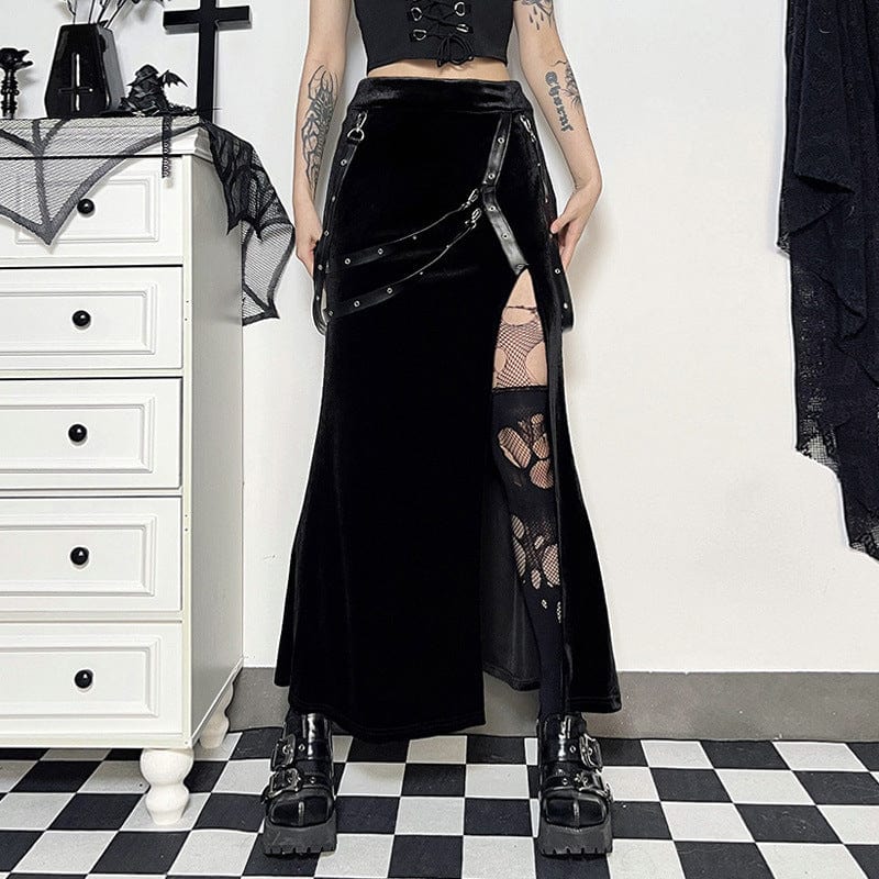 Kobine Women's Punk Split Velvet Skirt with Straps