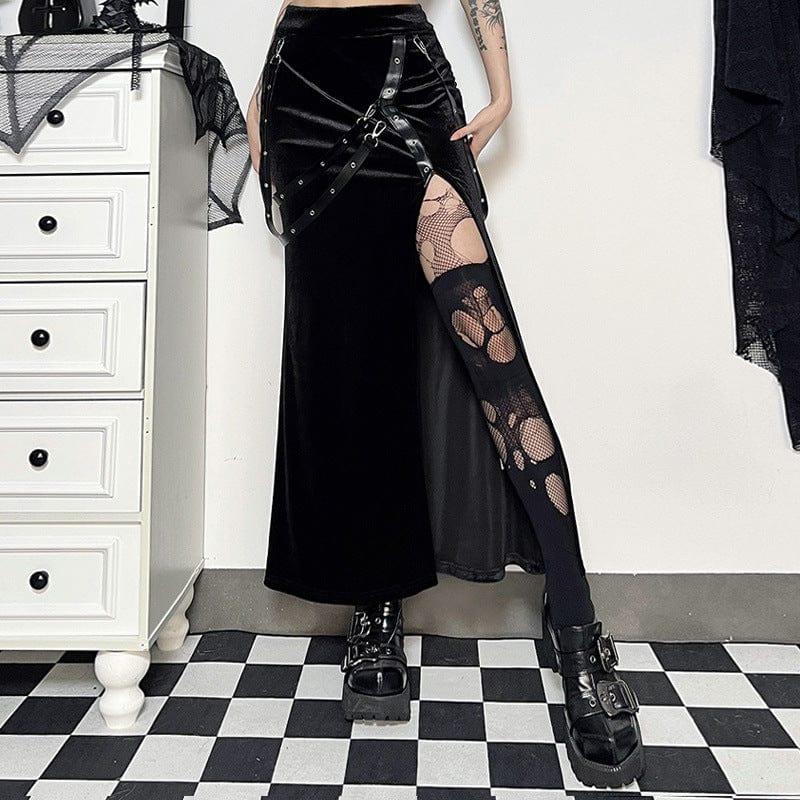 Kobine Women's Punk Split Velvet Skirt with Straps