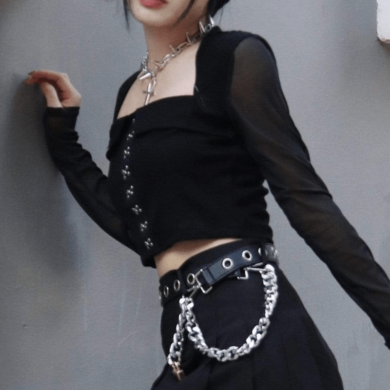 Kobine Women's Punk Square Collar Long Sleeved Mesh Crop Tops