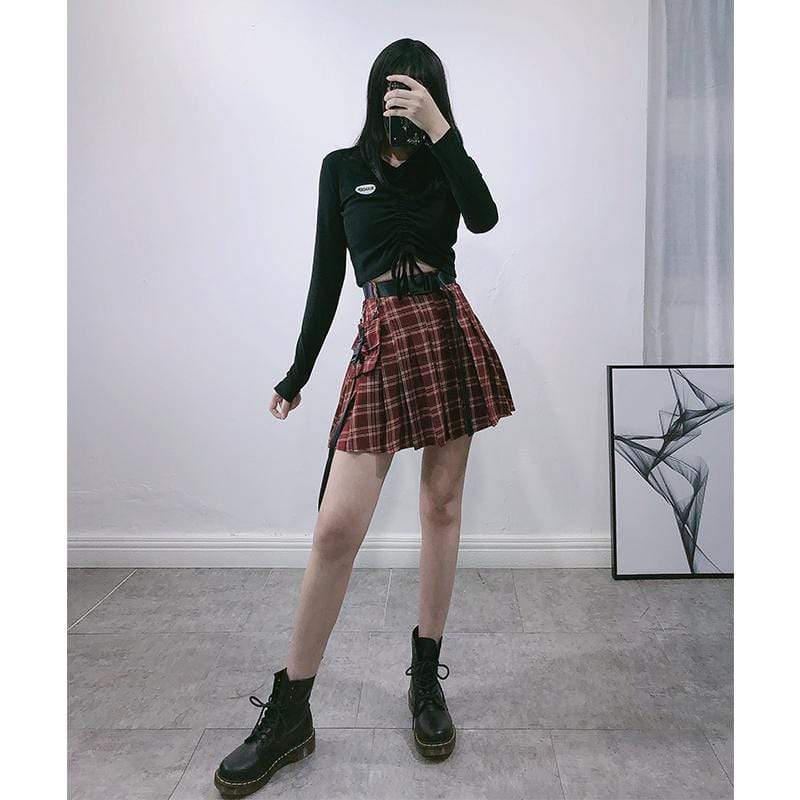 Women's Sashes Plaid Skirts With Detachable Pockets