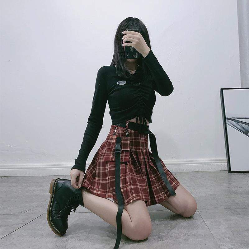 Women's Sashes Plaid Skirts With Detachable Pockets