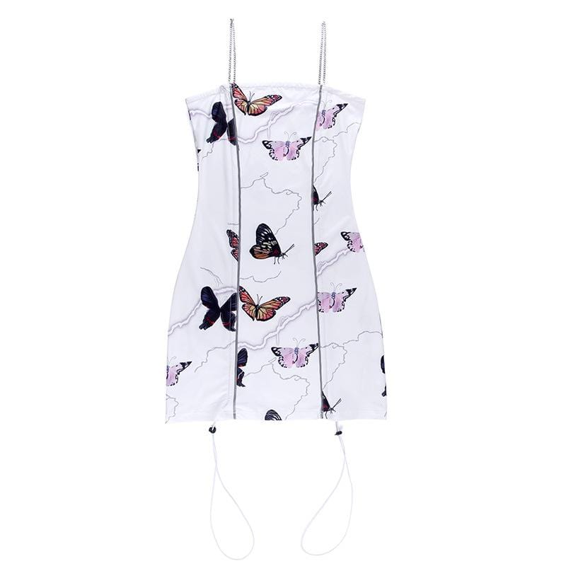 Women's Secy Butterfly Pattern Ruched Spaghetti-stripe Skinny Dresses