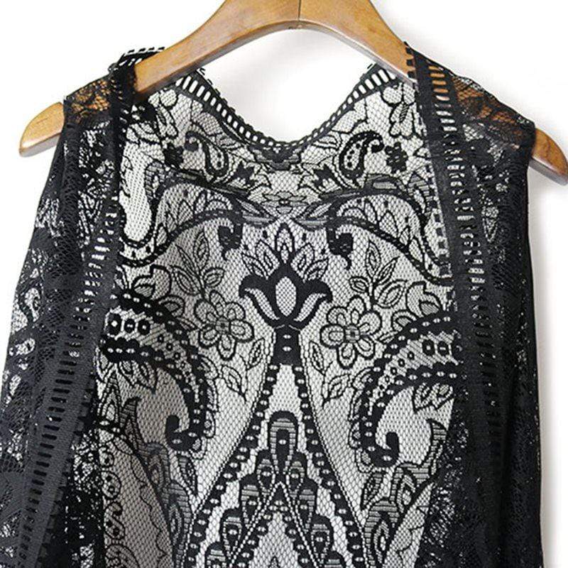 Women's Sheer Flare Lace Fringes Crochet Black Vests