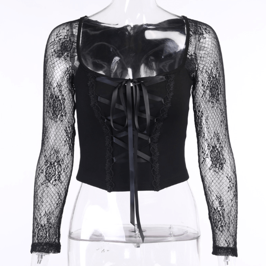 Women's Sheer Mesh Sleeved Lace-up Fitted Tops – Punk Design