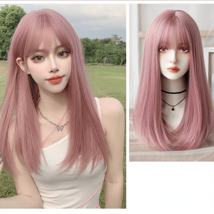 Kobine Women's Silky Straight Pink Synthetics Hair Wig