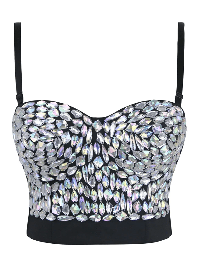 Women's Solid Color Rhinestone Beaded Push Up Bra Studded Gem Clubwear Party Bustier Crop Top