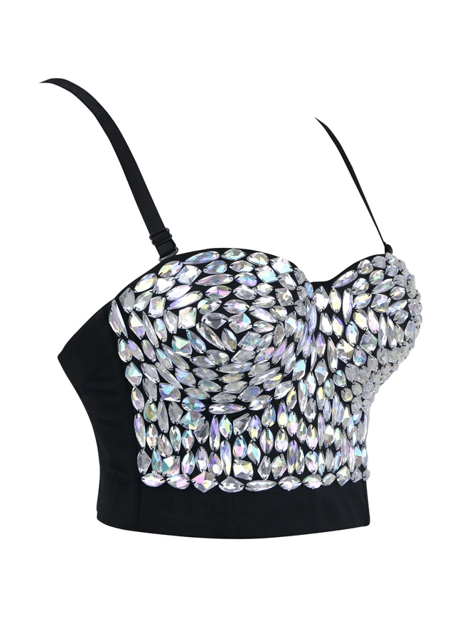 Women's Solid Color Rhinestone Beaded Push Up Bra Studded Gem Clubwear Party Bustier Crop Top