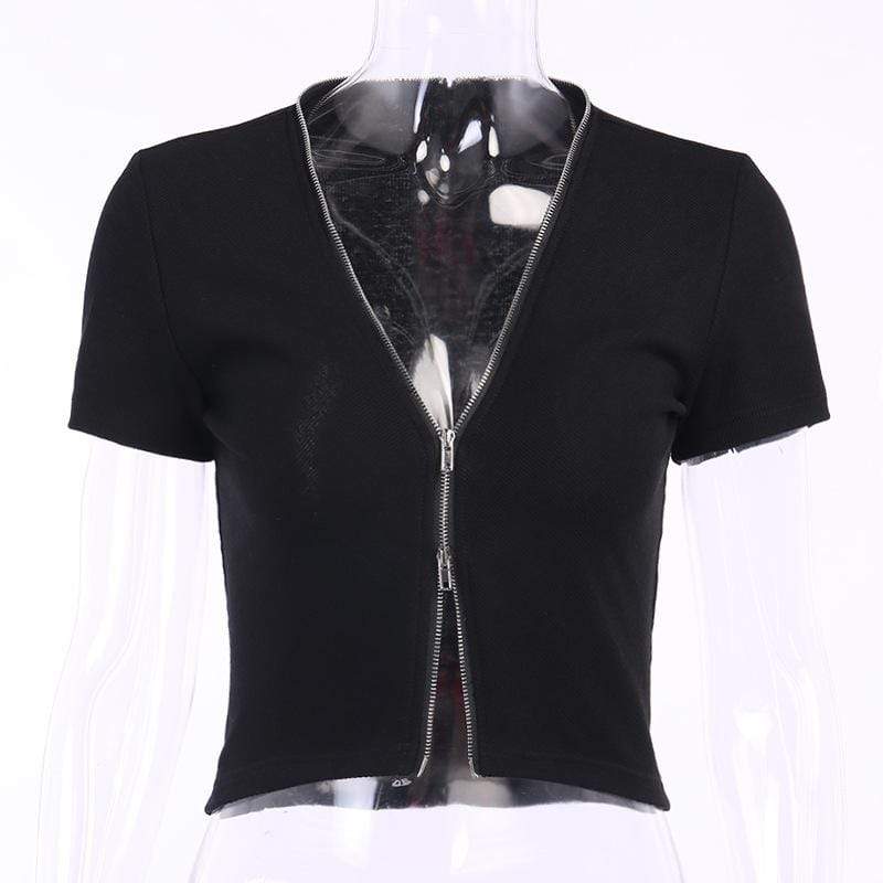 Women's Solid Zipper Fly Fitted Short T-shirts