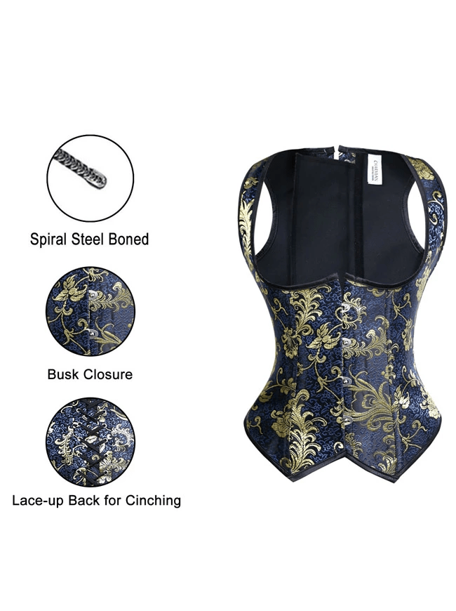 Women's Spiral Steel Boned Retro Burlesque Brocade Underbust Waist Training Cincher Corset Vest