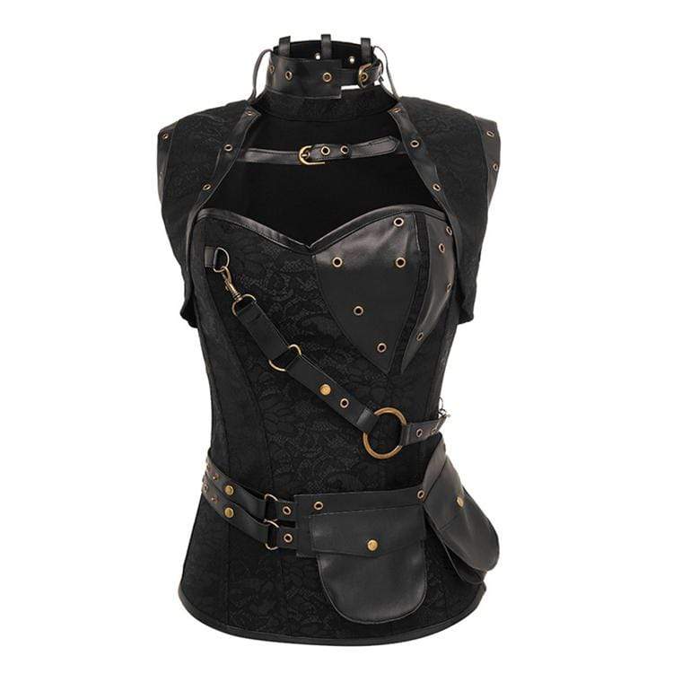 Women's Spiral Steel Boned Steampunk Gothic Vintage Brocade Corset with Jacket and Belt