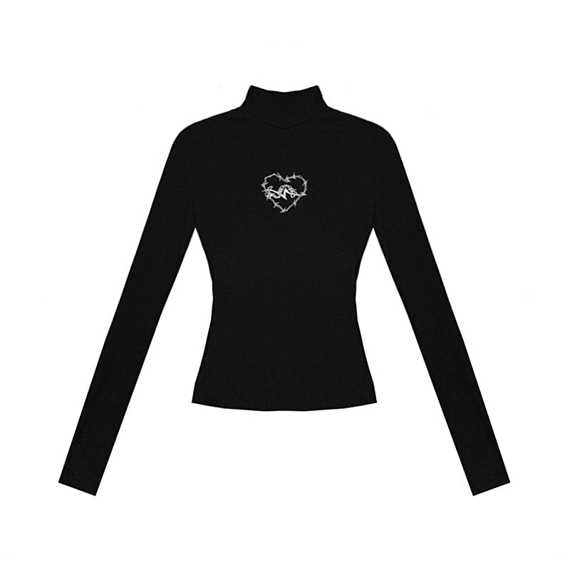 Kobine Women's Stand Collar Long Sleeved Heart Embroidered T-shirts