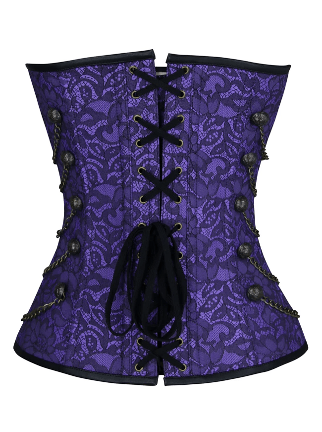 Women's Steampunk Gothic Jacquard Brocade Overbust Corset with Chains