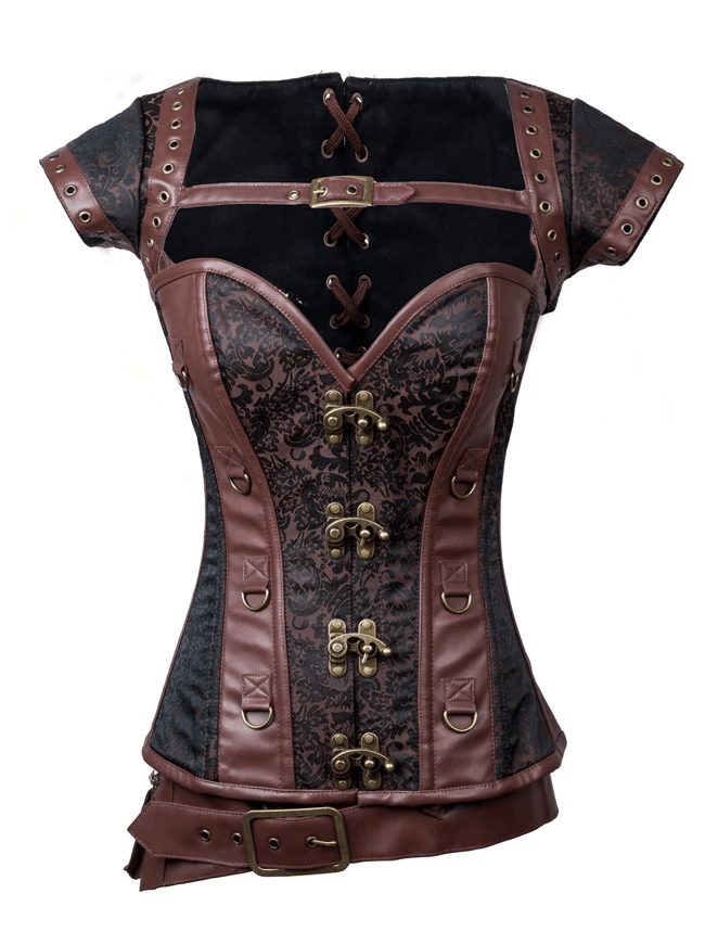 Women's Steampunk Jacquard Steel Boned Busk Corset with Jacket and belt