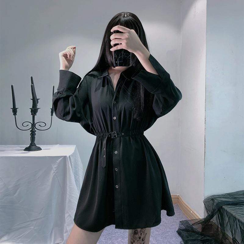 Women's Turn-down Collar Casual Long Shirts Dresses With Belt