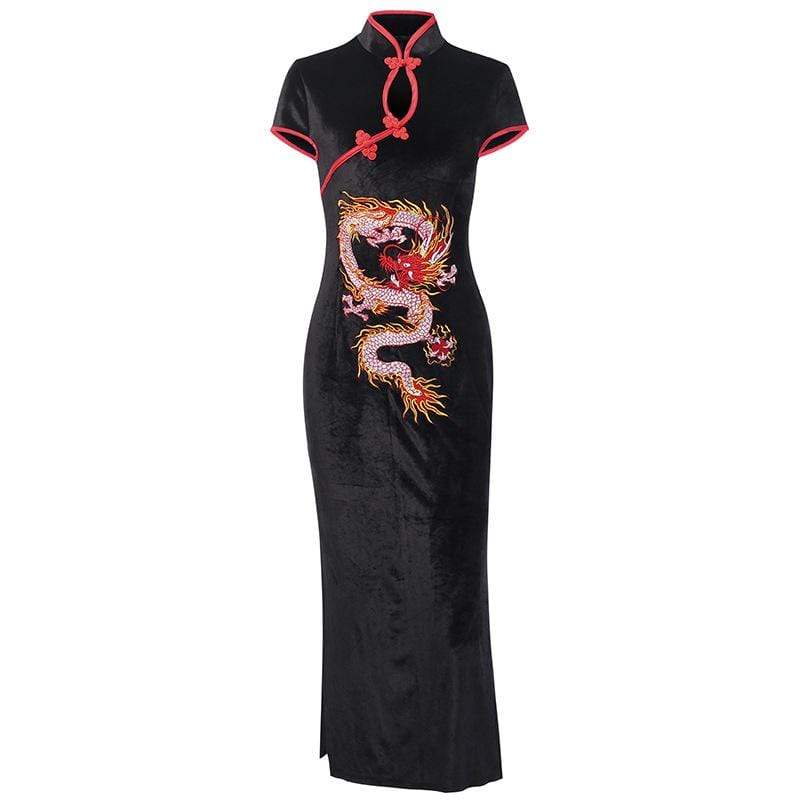 Women's Vintage Dragon Embroidered Velvet Cheongsam Dresses