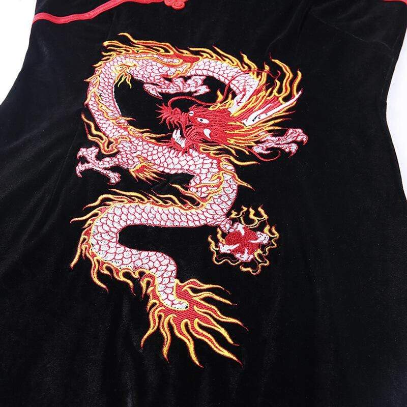 Women's Vintage Dragon Embroidered Velvet Cheongsam Dresses