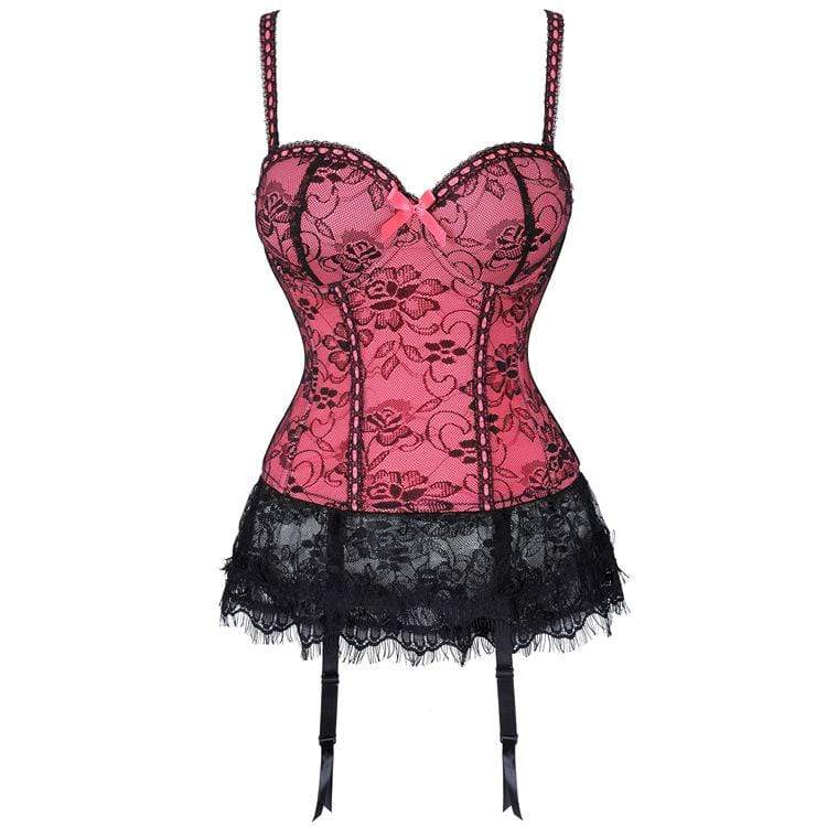 Women's Vintage Gothic Floral Mesh Overbust Corsets with Lace Hem