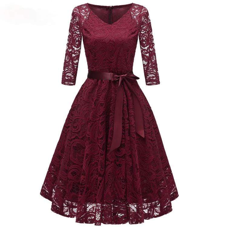 Women's Vintage Lace Party Dresses Bridesmaid Dresses with Bow Belt Wedding Dress