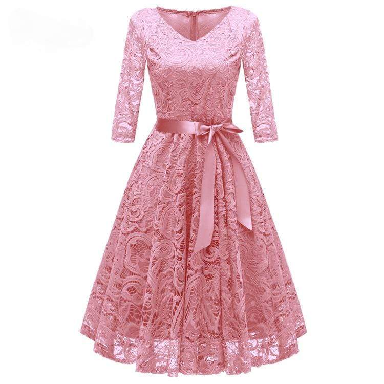 Women's Vintage Lace Party Dresses Bridesmaid Dresses with Bow Belt Wedding Dress