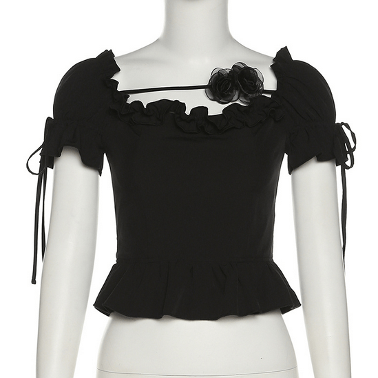 Kobine Women's Vintage Off Shoulder Black Rose Short sleeved Shirt