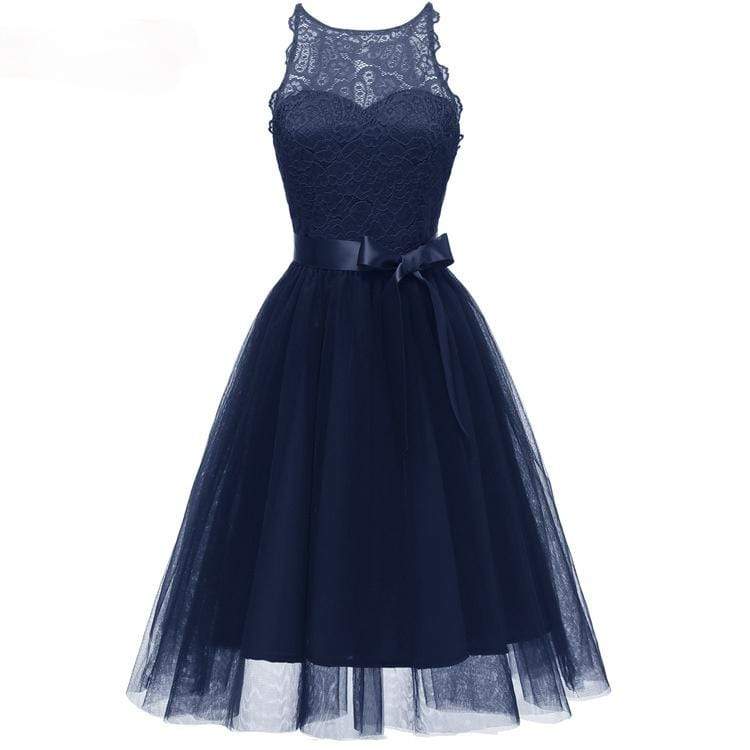 Women's Vintage Sleeveless Slim-fitted Lace Party Dresses Bridesmaid Dresses with Bow Belt Wedding Dress