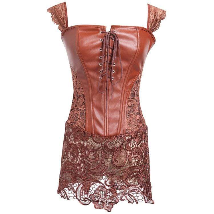 Women's Vintage Strappy Faux Leather Splicing Lace Overbust Corsets With Skirt
