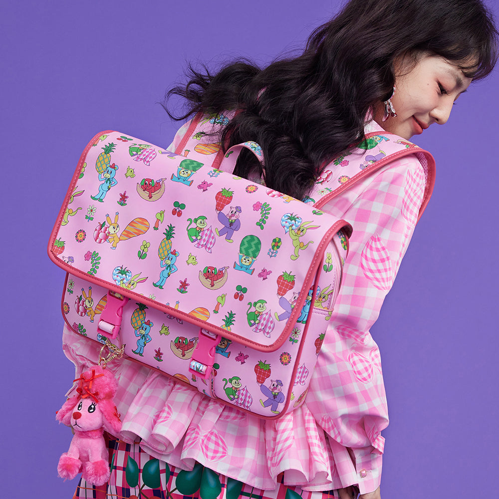 Pink Kawaii Women's Cartoon Printed Buckles Quadrate Backpack