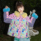 Pink Kawaii Women's Cartoon Printed Plush Splice Coat
