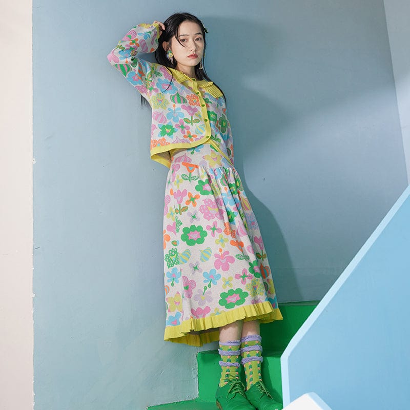 Pink Kawaii Damen-Cardigan mit chromatischem Blumendruck und Rüschen