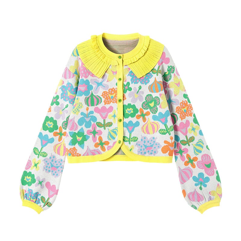 Pink Kawaii Damen-Cardigan mit chromatischem Blumendruck und Rüschen