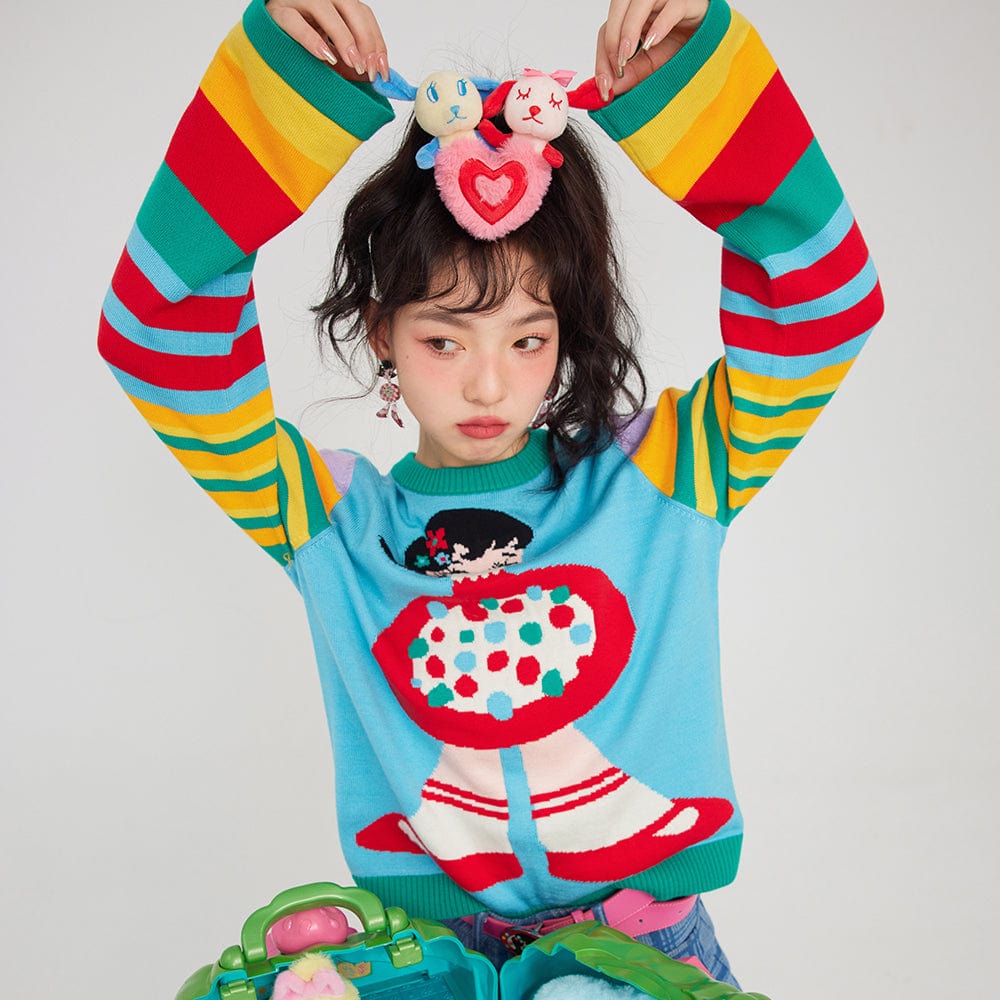 Pink Kawaii Women's Chromatic Stripes Cartoon Knitted Sweater
