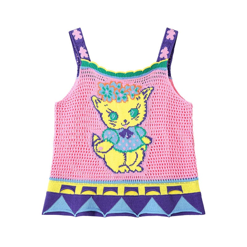 Pink Kawaii Women's Contrast Color Cat Knitted Tank Top