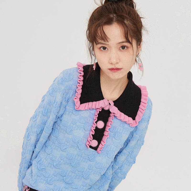 Pink Kawaii Women's Contrast Color Ruffled Sweater