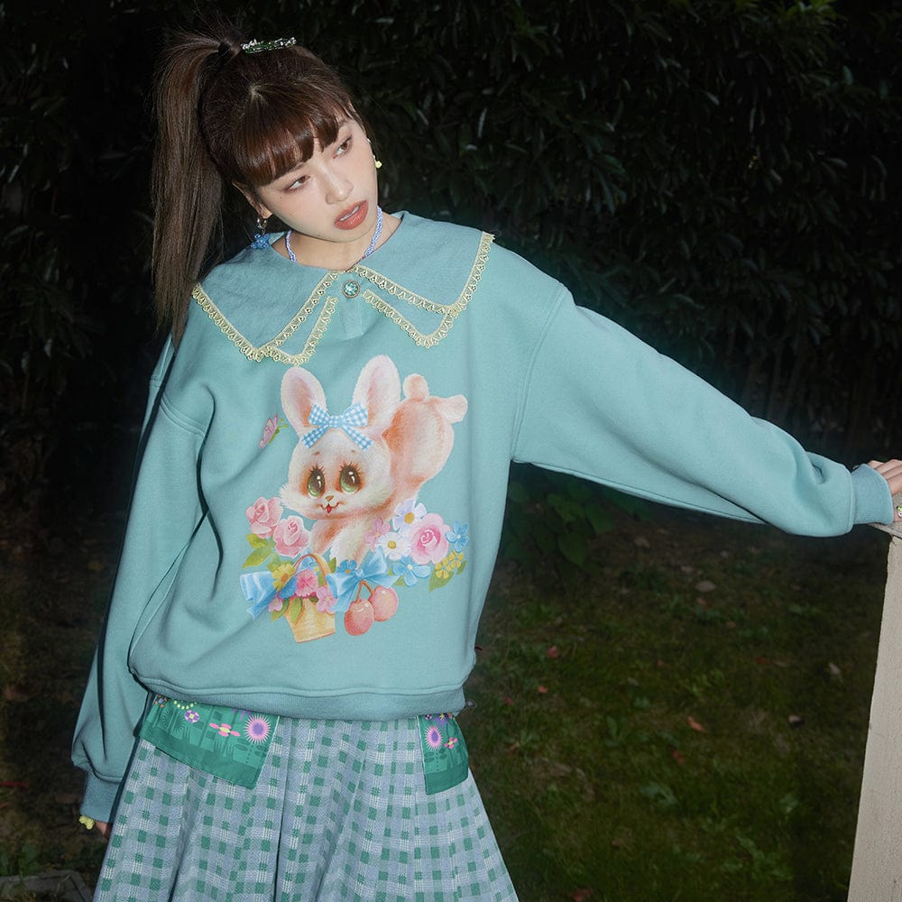 Pink Kawaii Women's Doll Collar Rabbit Printed Sweatshirt