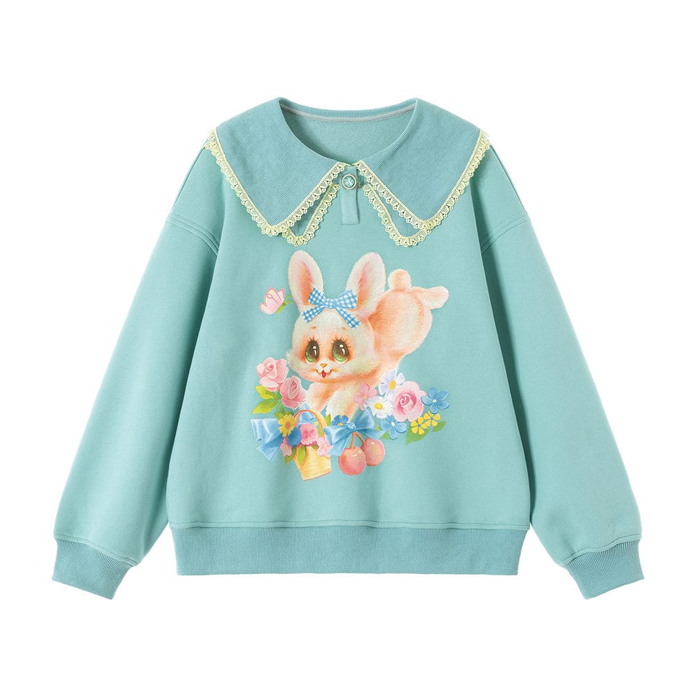 Pink Kawaii Women's Doll Collar Rabbit Printed Sweatshirt