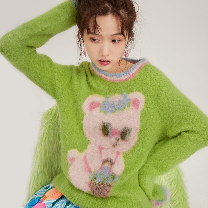 Pink Kawaii Women's Double Color Bear Knitted Sweater