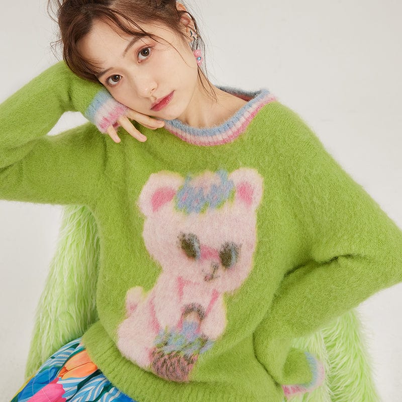 Pink Kawaii Women's Double Color Bear Knitted Sweater