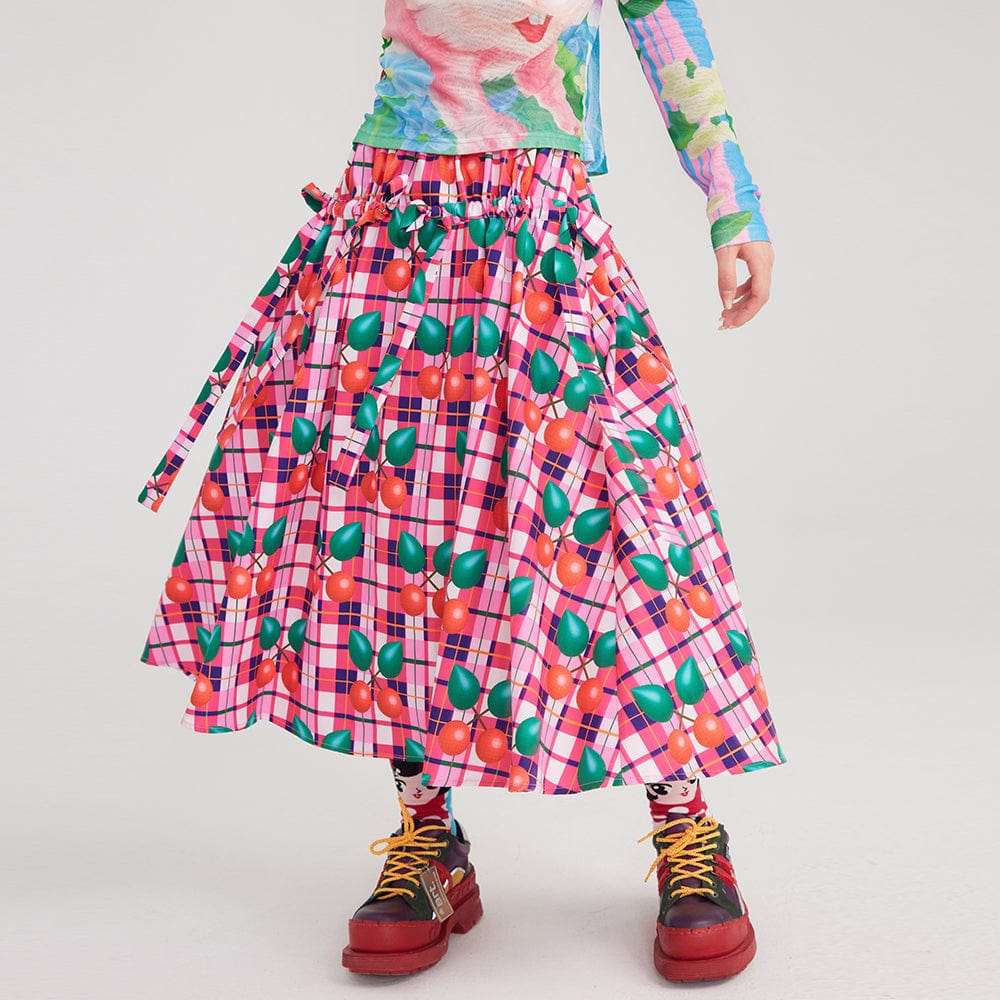 Pink Kawaii Women's Drawstring Cherry Printed Plaid Skirt
