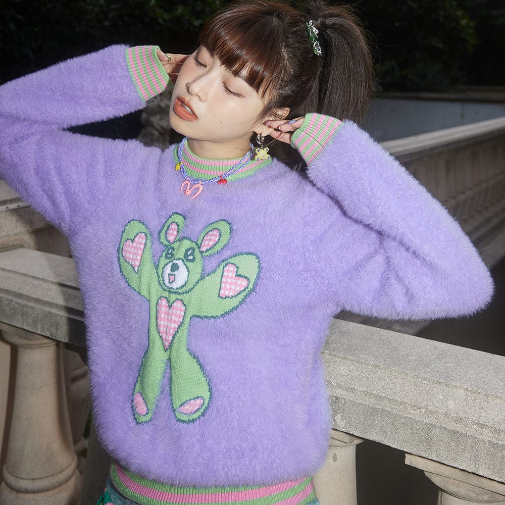 Pink Kawaii Women's Fluffy Bear Knitted Sweater