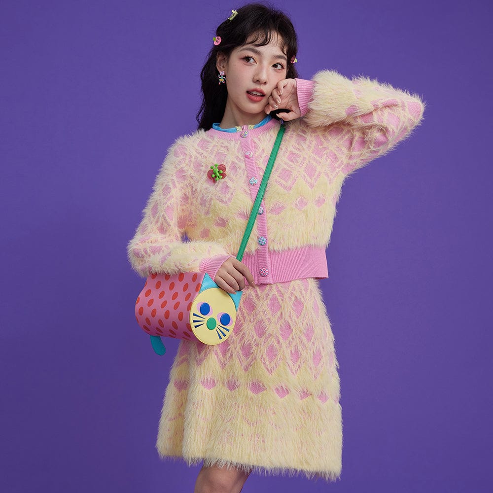 Pink Kawaii Women's Fluffy Diamond Knitted Candigan with Skirt
