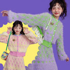 Pink Kawaii Women's Fluffy Diamond Knitted Candigan with Skirt