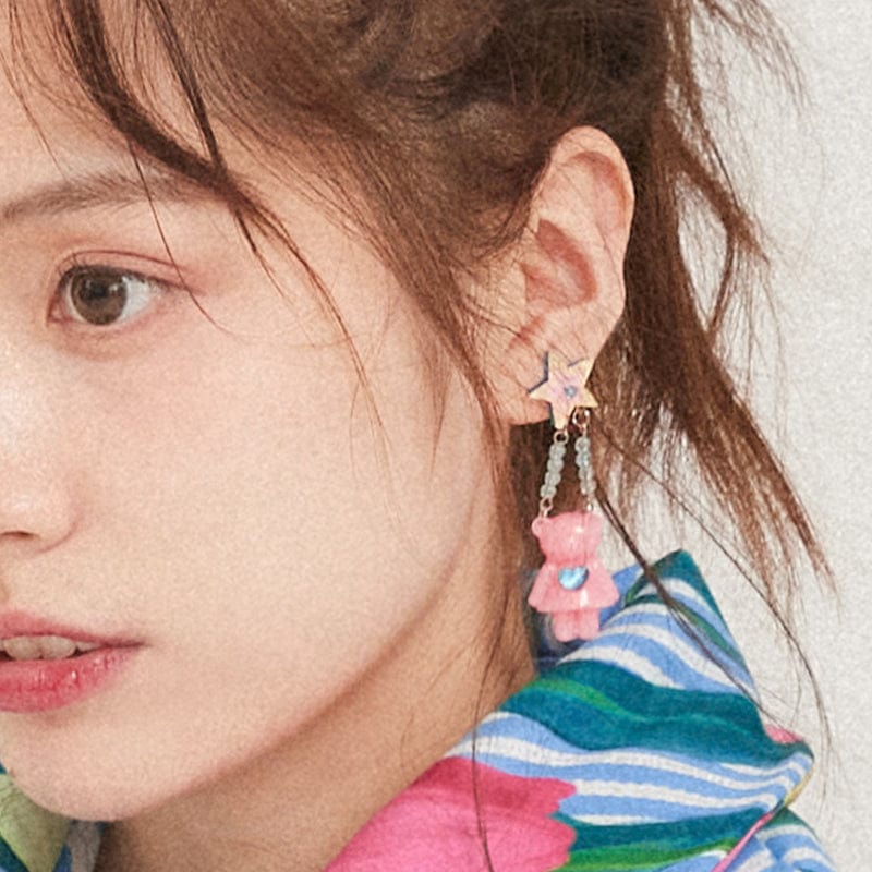 Pink Kawaii Women's Glittering Bear Star Earrings