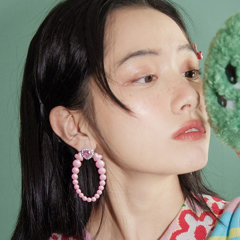 Pink Kawaii Women's Heart Zircon Annular Earrings