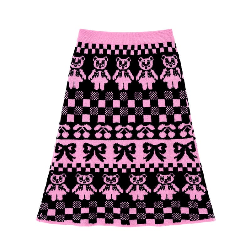 Pink Kawaii Women's Plaid Bear Knitted Skirt