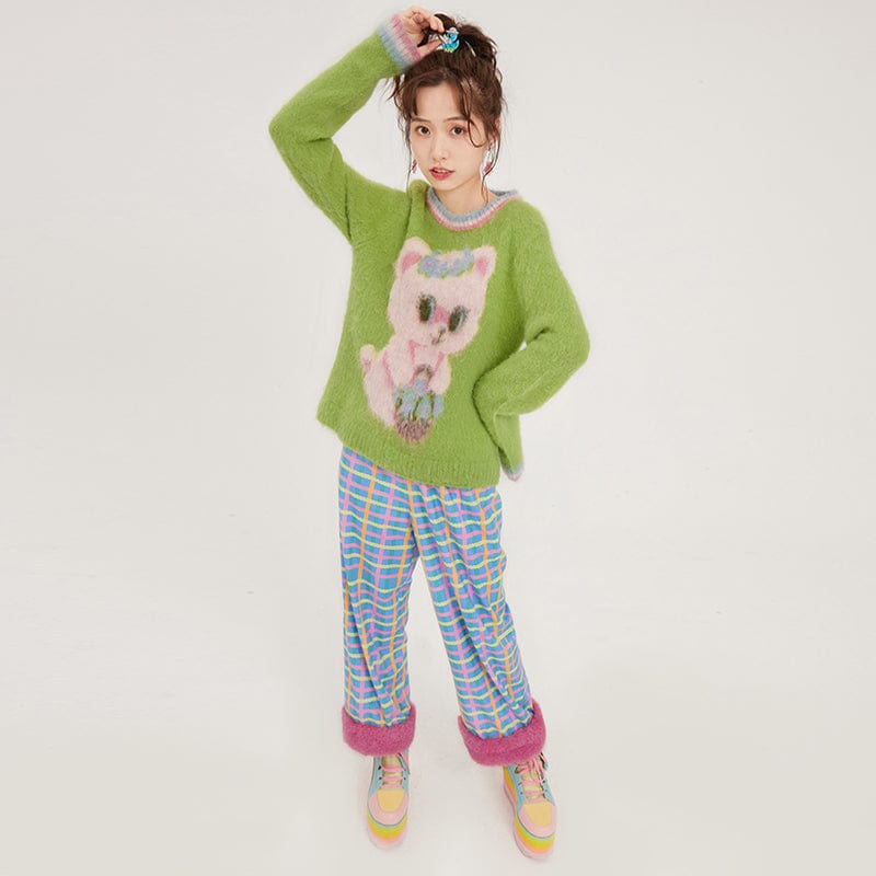 Pink Kawaii Women's Plush Splice Plaid Pants