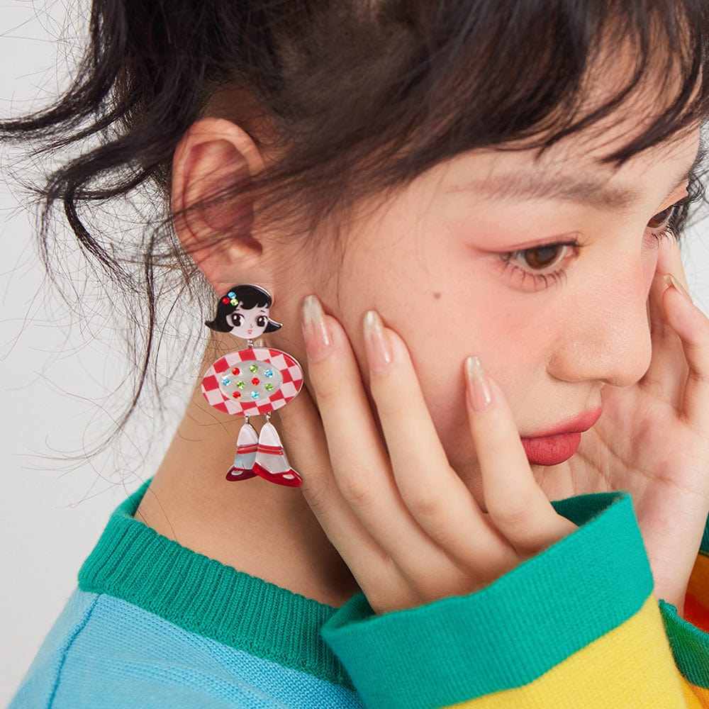Pink Kawaii Women's Rhinestone Rocking Girl Earrings