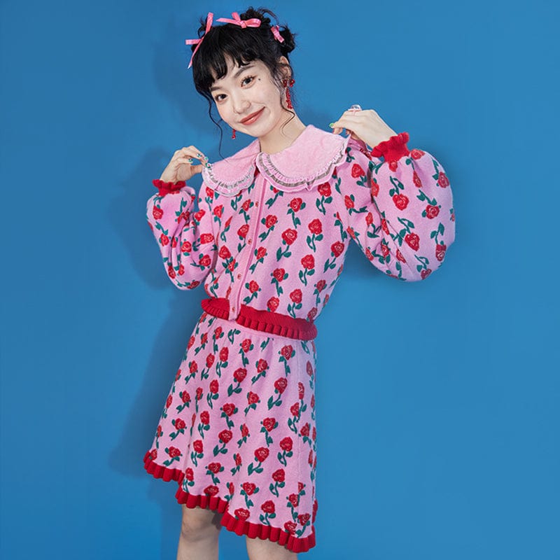 Pink Kawaii Women's Ruffled Rose Knitted Cardigan